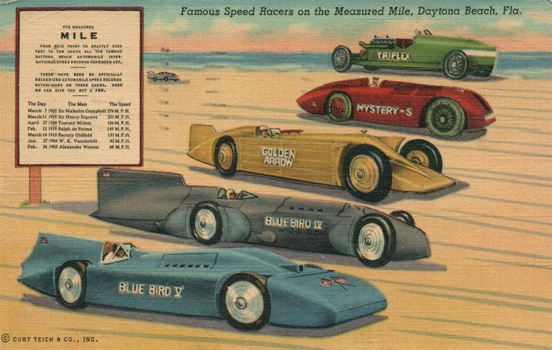 DAYTONA BEACH FL SPEED RACERS CARS 1945 VINTAGE POSTCARD