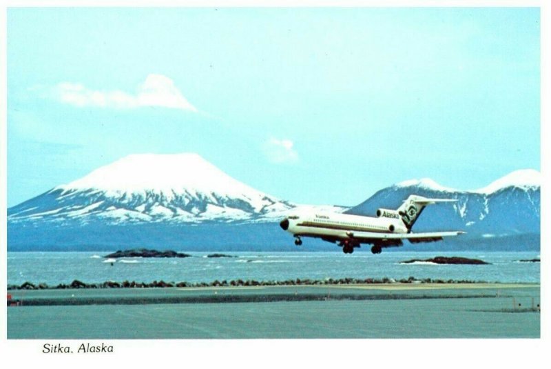 Alaska Airlines Landing in Sitka Alaska Mt Edgecombe Airplane Postcard