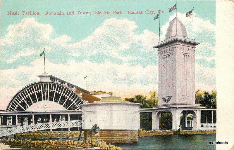 C-1910 Music Pavilion Fountain Tower Flags KANSAS CITY MISSOURI Postcard 16-115