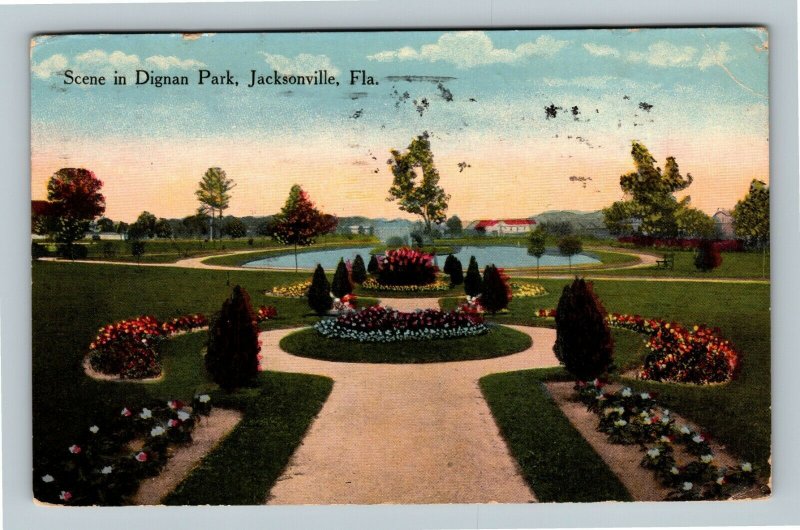 Jacksonville FL Dignan Park Fountain Pond Gardens Vintage Florida c1915 Postcard