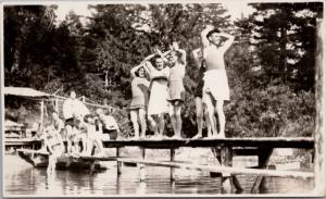 Young People Having Fun at Water Lake Dock Summer Ontario? RPPC Azo Postcard E23