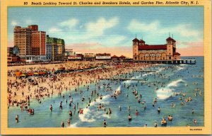 Vtg Atlantic City NJ Beach Looking Toward St Charles Breakers Hotels Postcard