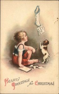 Christmas Ellen Clapsaddle Little Boy Dog Stocking Letter c1920 Postcard