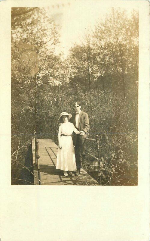 City Island New York Couple Foot Bridge 1914 RPPC Photo Postcard 20-7675