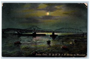 1911 Moonlight N.Y.N.H. & H Bridge Groton Connecticut CT Antique Postcard