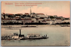 Budapest Hungary c1910 Postcard Danube River Coronation Church Steamboat