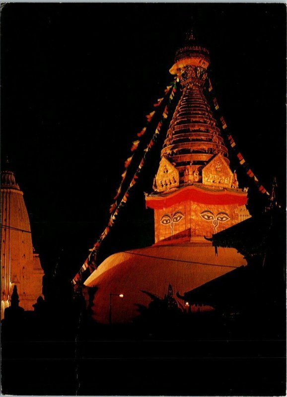 VINTAGE CONTINENTAL SIZE POSTCARD SWAYAMBLU BY NIGHT KATHMANDU NEPAL 1978