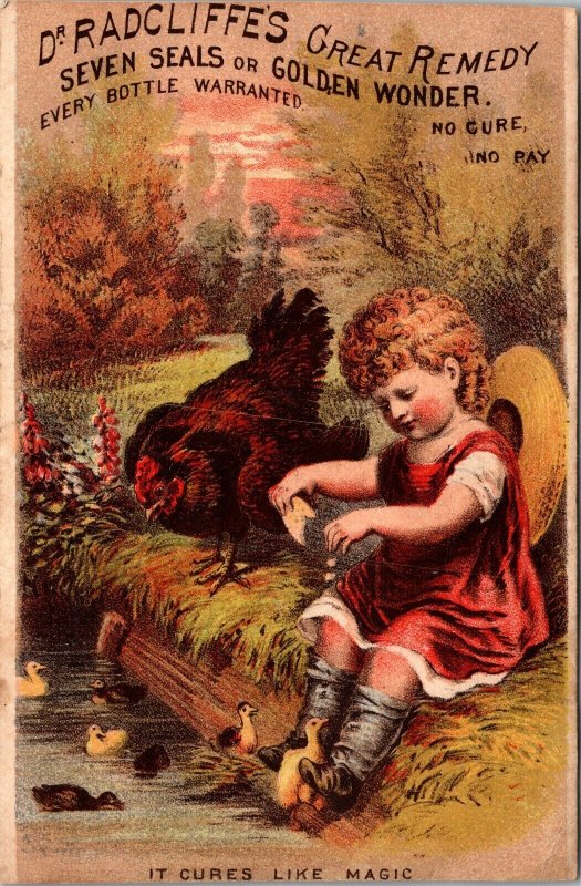 Antique Trade Card DR RADCLIFFE'S GOLDEN WONDER CURE ALL MEDICINE, GIRL W CHICKS 