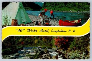 River Scenes, Fishing, Camping, 40 Winks Motel, Campbellton NB Banner Postcard