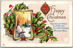 A Happy Christmas To You, 1913 Greetings, Holly Leaves, Snow, Vintage Postcard