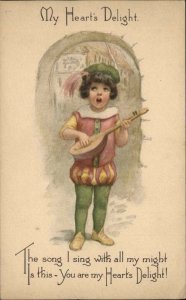 Gibson Valentine Troubador Little Boy with Mandolin c1910 Vintage Postcard