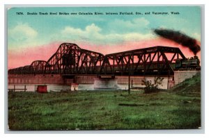 Vintage Linen Postcard Train Tracks Steel Bridge Columbia River UNPOSTED