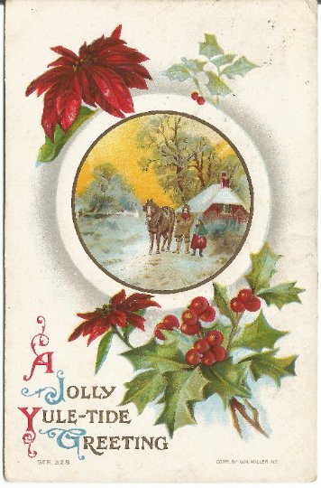 Jolly Yule-tide Greeting Red Poinsettia Horse and Cottage Vintage Postcard