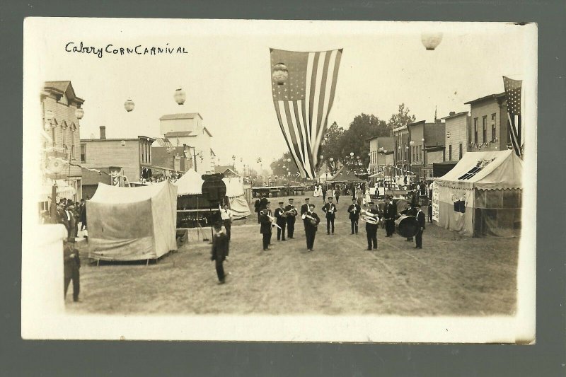 Cabery ILLINOIS RP c1910 CORN CARNIVAL Band Flag nr Kankakee Dwight MAIN STREET