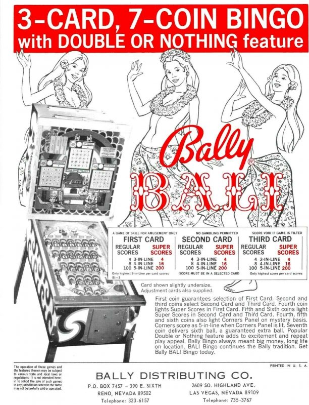 Bally Bali Pinball FLYER Original NOS Bingo Game 1974 Paper Promo Art Print 