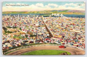 Linen Postcard San Francisco from Twin Peaks, Aerial View, Automobile, c1940s P2