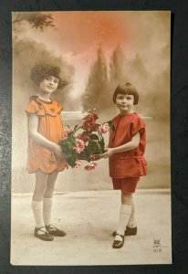 1927 French Children Holding Flowers in Color Real Photo Postcard RPPC Cover
