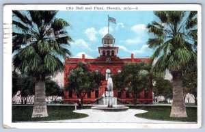 1922 PHOENIX ARIZONA CITY HALL AND PLAZA PALM TREES FOUNTAIN AMERICAN FLAG