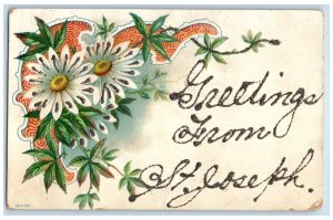 1910 Greetings From Flower Embossed St. Joseph Missouri Vintage Antique Postcard