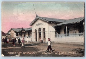 Jakarta Indonesia Postcard Greetings from Batavia Tandjong Priok Station c1910