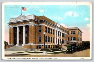 Abilene Texas~Municipal Bldg~Masonic Temple~USA Flag~Cars~Lamp~1931 Postcard