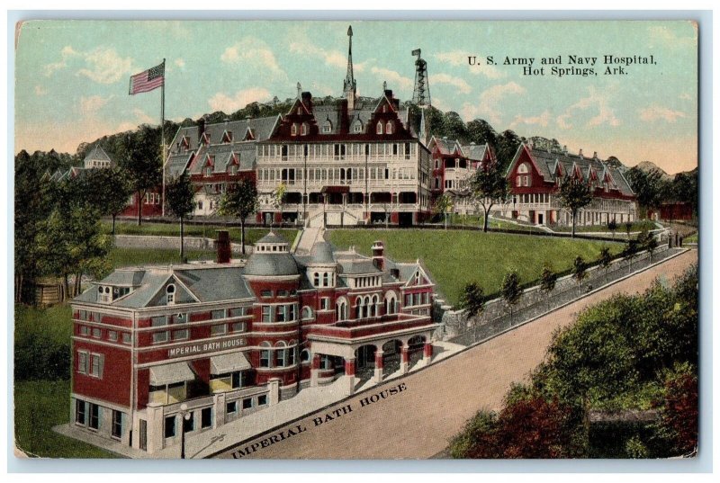 c1910s US Army And Navy Hospital Exterior Hot Springs Arkansas AR Flags Postcard