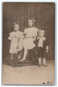 1917 Children Rocking Horse Studio Portrait RPPC Photo Unposted Antique Postcard