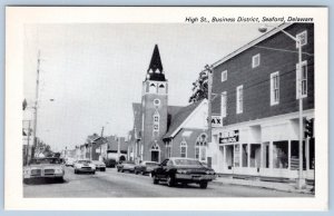 1970's SEAFORD DELAWARE HIGH ST BUSINESS DISTRICT CHURCH CLASSIC CARS POSTCARD