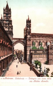 Vintage Postcard 1900's Palermo Cattedrale Dettaglio Con Vista Della Via Matteo