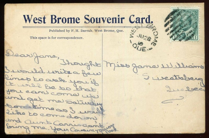 h2986 - WEST BROME Quebec Postcard 1910 River View by Darrah