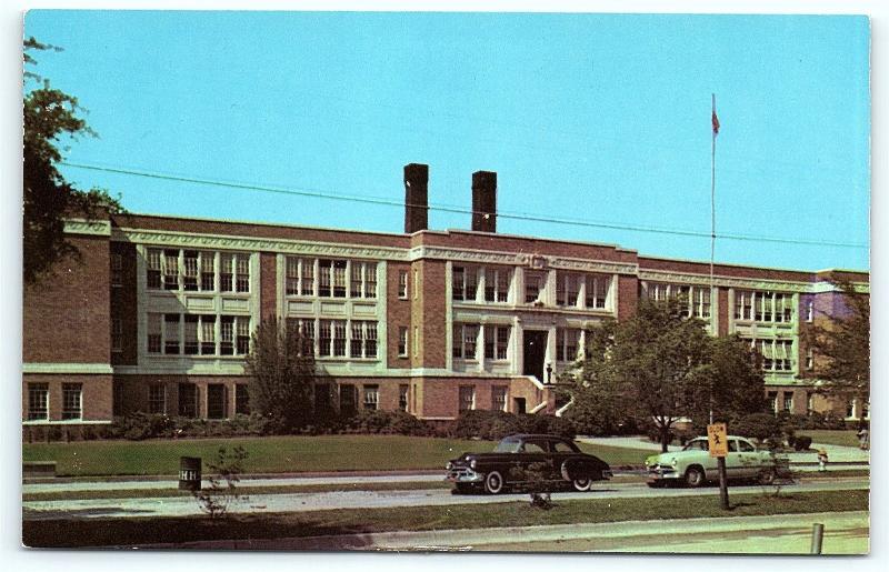 Postcard NC Wilmington New Hanover High School 1950's Old Cars