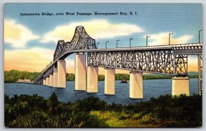 Narragansett Bay RI~Jamestown Bridge Over West Passage~Vintage Linen Postcard