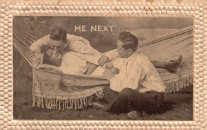 Vintage Postcard Lover Couple Kissing On Cheeks Holding Hands Me Next Romance