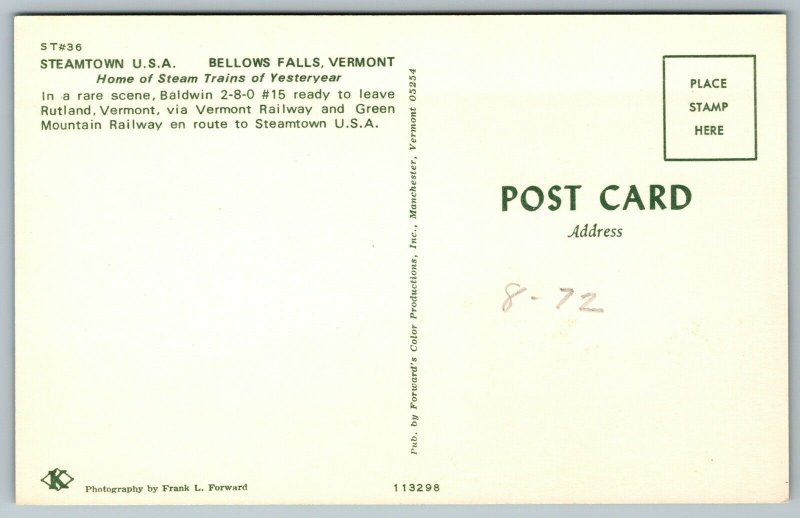 Postcard Steamtown USA Bellows Falls VT Baldwin #15 (2-8-0) Leaving Rutland