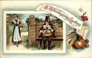 Thanksgiving Pilgrim Man and Woman Food Border c1910 Vintage Postcard