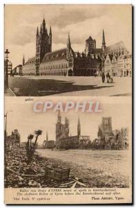 Old Postcard Belgium Ypres Cloth Hall before and after the bombing