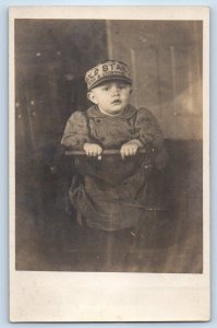 c1910's Baby Boy Gold Star Coffee Hat Studio RPPC Photo Antique Postcard