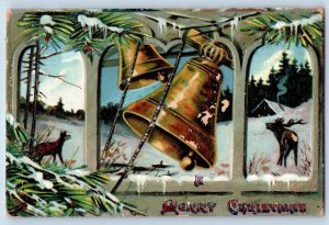 Christmas Postcard Ringing Bells Deer Winter Scene Embossed c1910's Antique