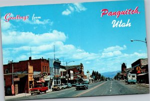 Postcard UT Panguitch street scene cars Rexall RC Cola Firestone
