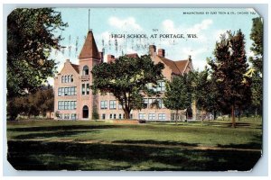 High School Building Exterior Scene Portage Wisconsin WI Vintage Postcard