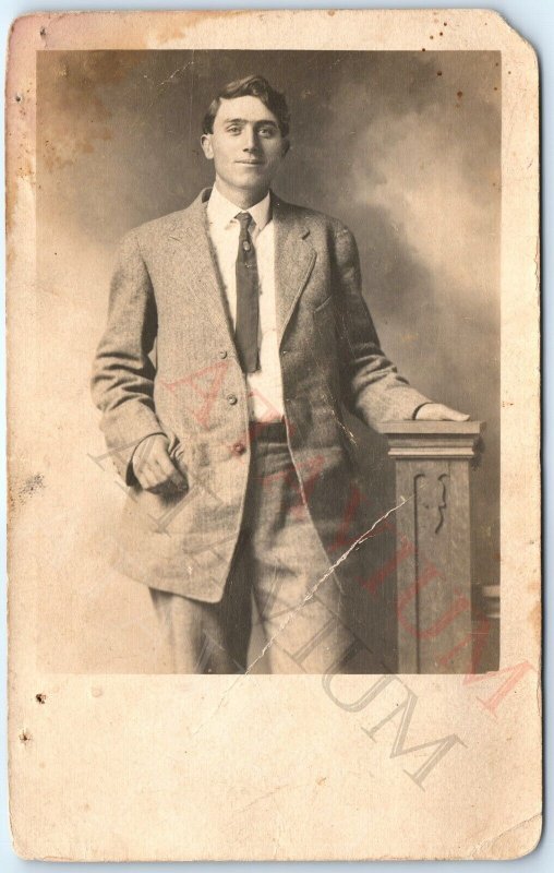 ID'd c1910s Classy Young Man RPPC Handsome Smirk Real Photo Walt Kimball A159