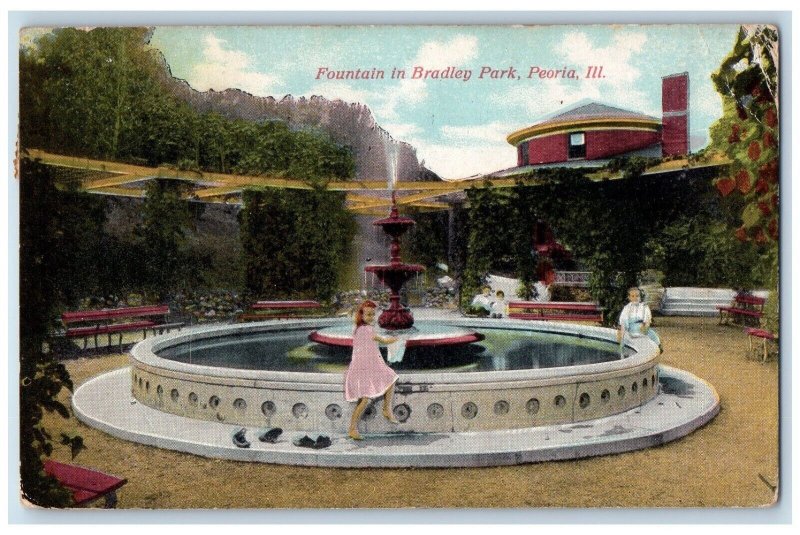 1915 View Of Fountain In Bradley Park Peoria Illinois IL Posted Antique Postcard 