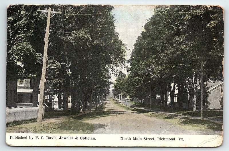 c1913 RICHMOND VERMONT NORTH MAIN ST. PC DAVIS JEWELER OPTICIAN POSTCARD P3401