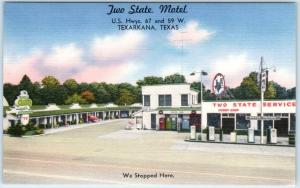 TEXARKANA, Texas  TX  Roadside TWO STATE MOTEL Gas Station c1940s Linen Postcard