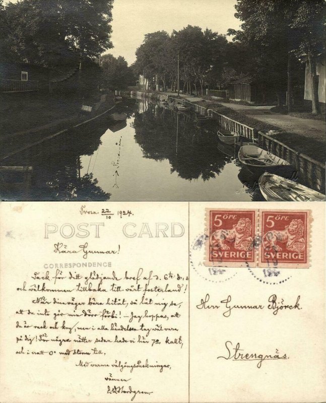 sweden, TROSA, Canal Scene, Rowing Boats (1924) Ateljé Annell RPPC Postcard