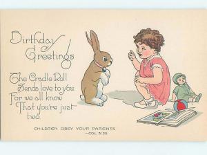 Pre-Linen GIRL PUTS DOLL DOWN TO PLAY WITH BUNNY RABBIT HJ4168