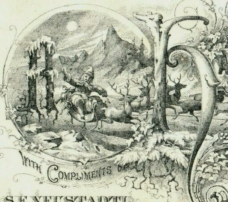 1875 Engraved New Year's Card Moon Night Santa Claus Reindeer Sleigh P219