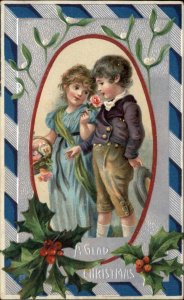 Christmas Beautiful Little Girl and Boy Mistletoe Border c1910 Vintage Postcard