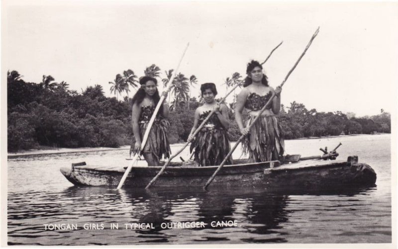 Tongan Girls In Canoe Ship Tonga Old Real Photo Postcard