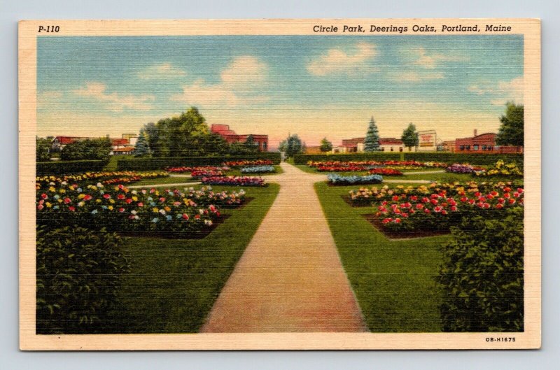 Circle Park Deerings Oaks Portland Maine ME Linen Postcard UNP VTG Unused 